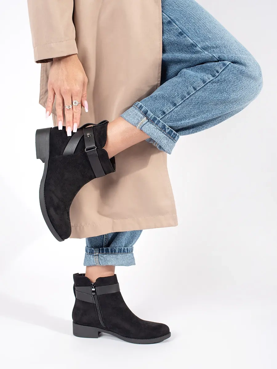 Shelvt Black suede womens ankle boots with a decorative belt