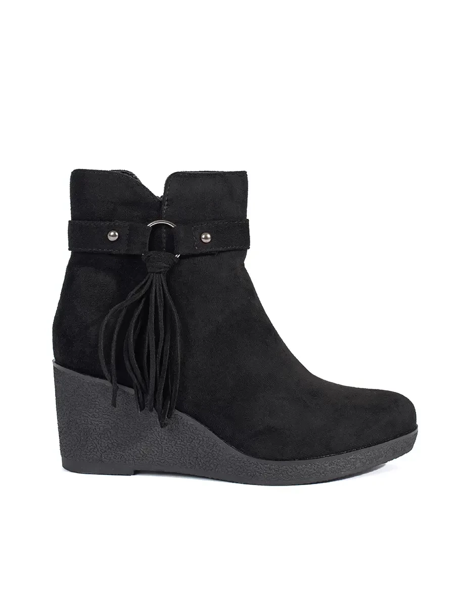 Shelvt Womens suede black wedge boots with fringes