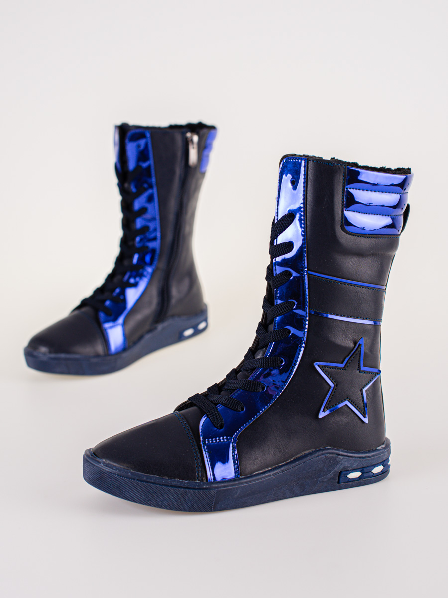 Girls' leather ankle boots with high upper Shelvt navy blue