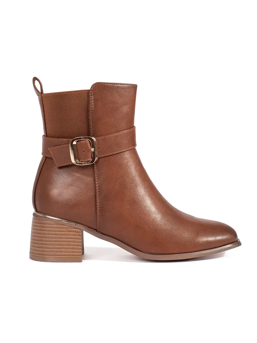 Shelvt Brown womens ankle boots on a heel with a buckle