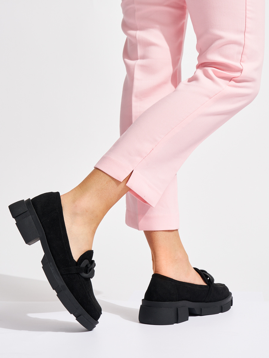 GOODIN Black womens loafers with a decorative chain