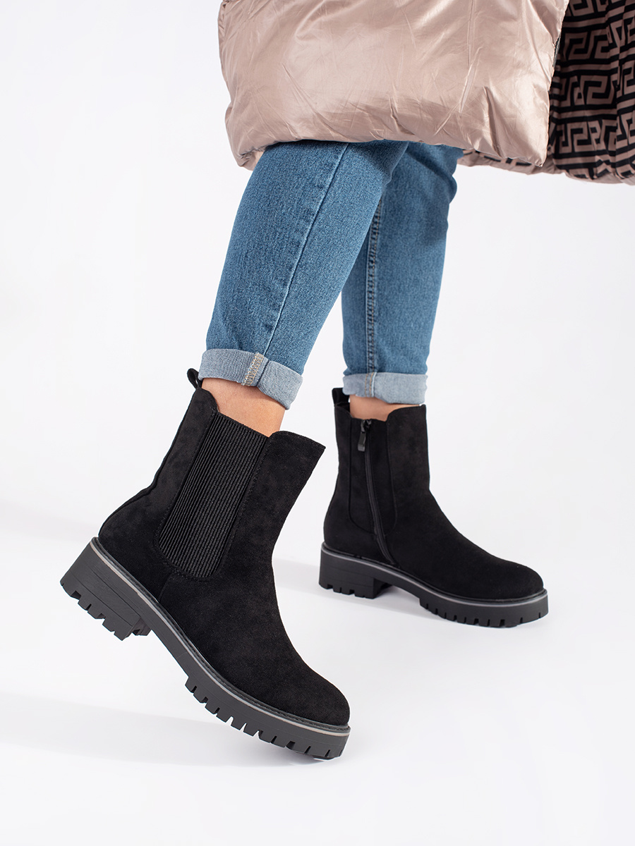 Shelvt Black flat suede ankle boots with elastic insert