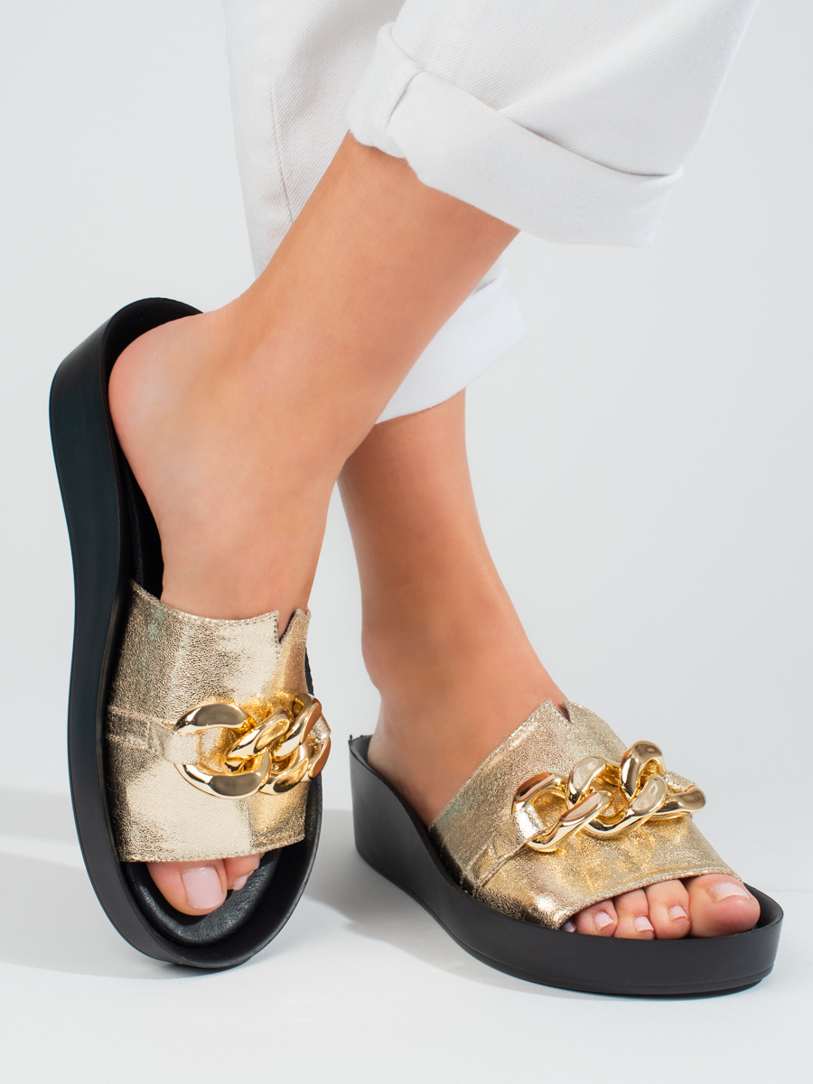 Comfortable Shelovet gold womens slippers with chain