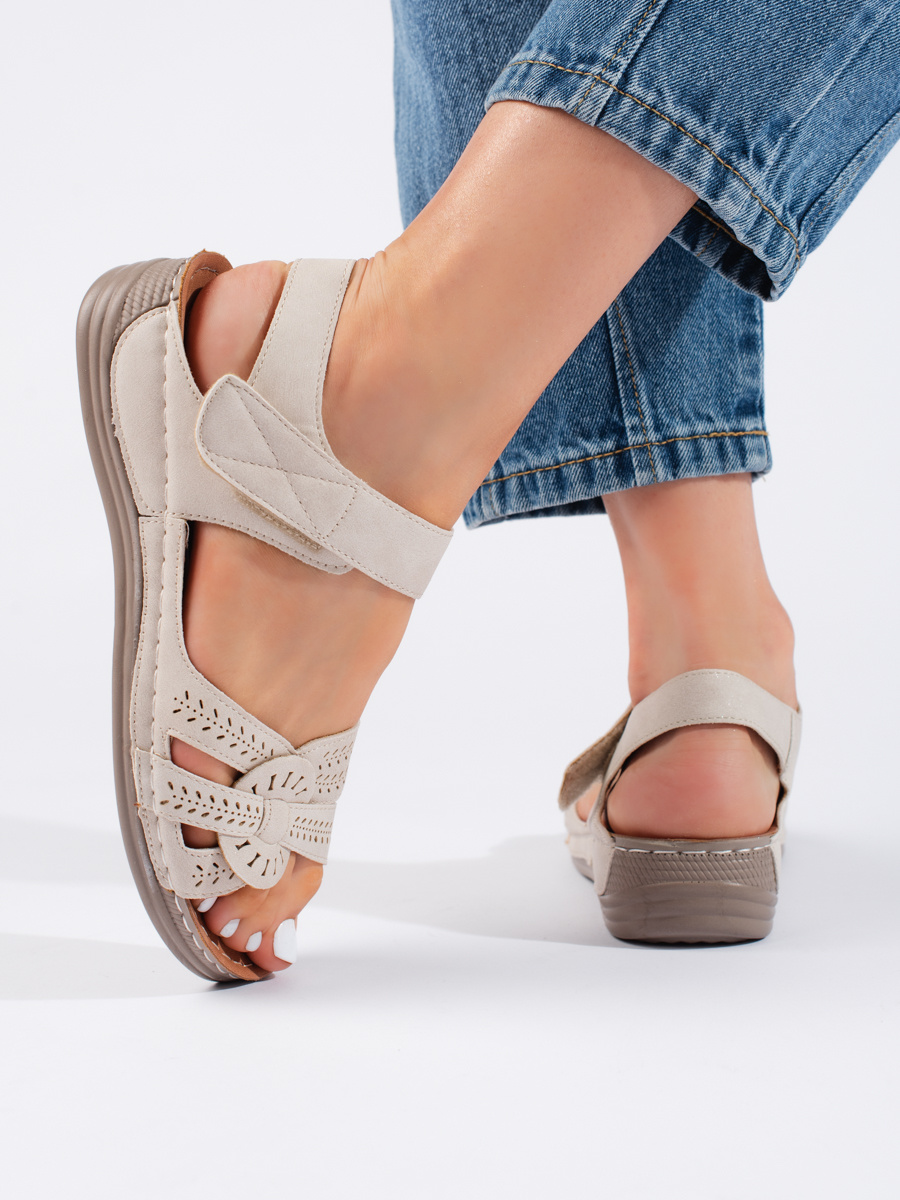 Shelvt Light beige women's sandals on a low wedge