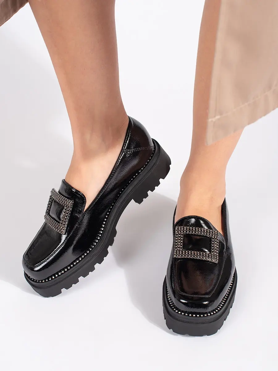 GOODIN Womens black loafers on a platform decorated with a buckle and rhinestones