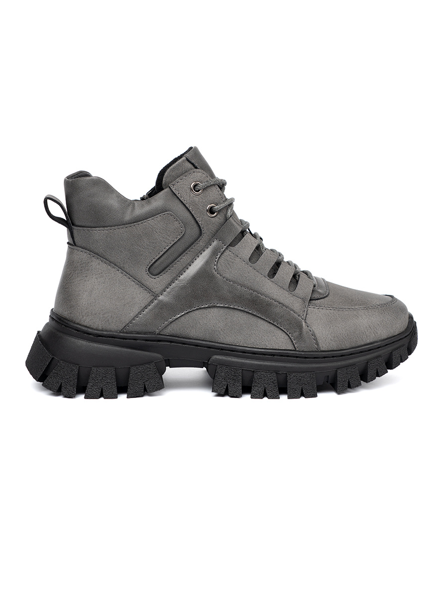 Gray lace-up hiking boots with a thick Sergio Leone sole