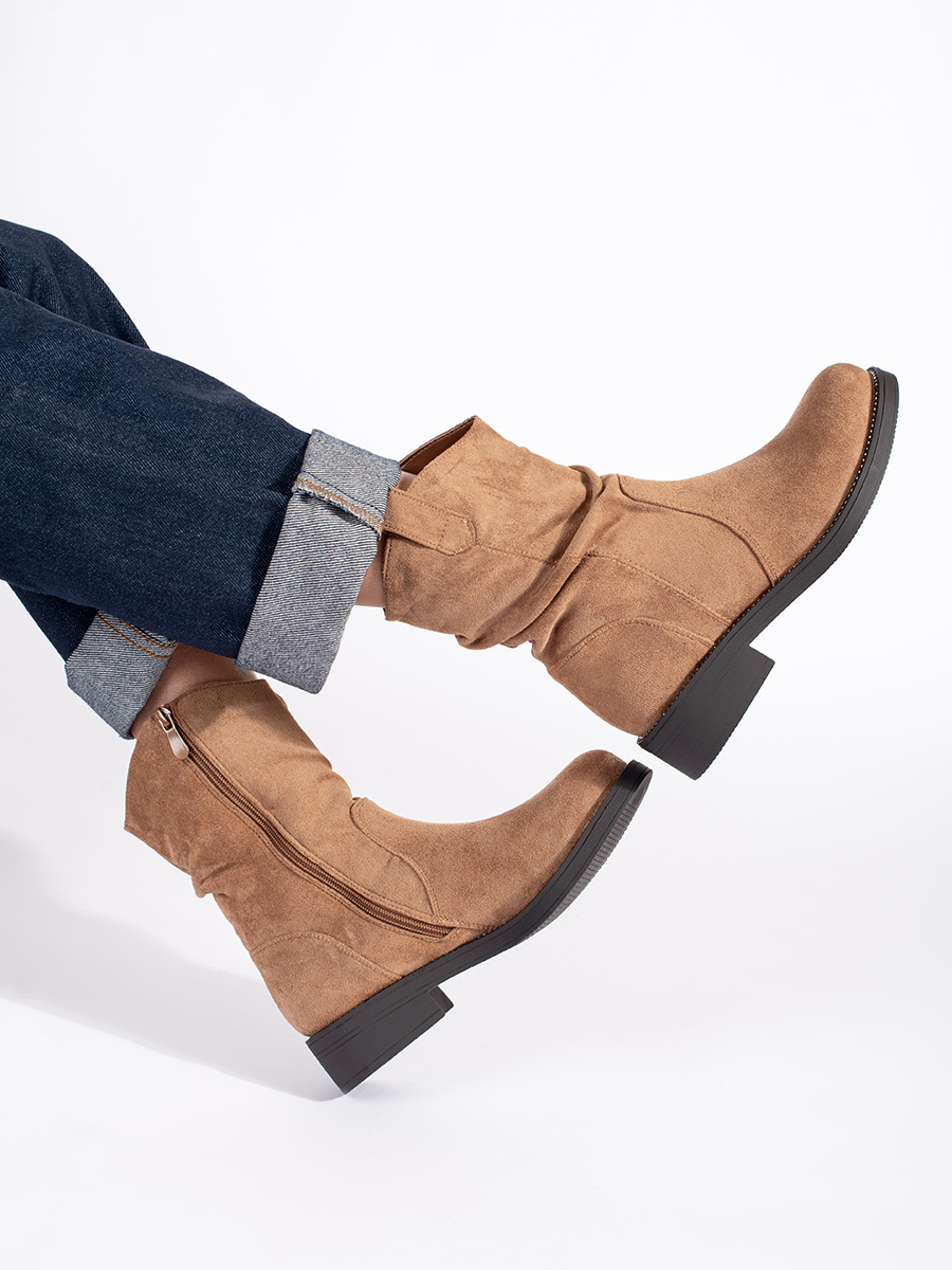 Shelvt Dark beige suede womens cowboy boots