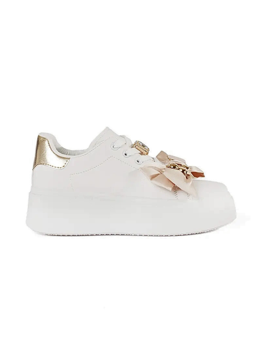 Shelvt White and gold sneakers with gold accessories