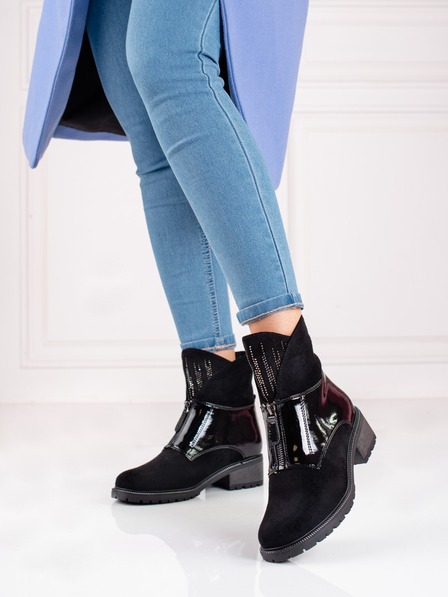 Black suede ankle boots for women with shelovet crystals