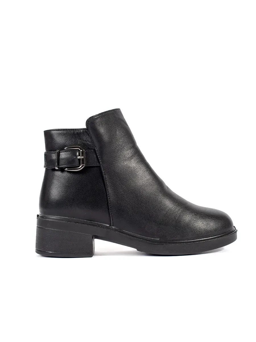 Shelvt Womens black low-heeled boots with a decorative buckle