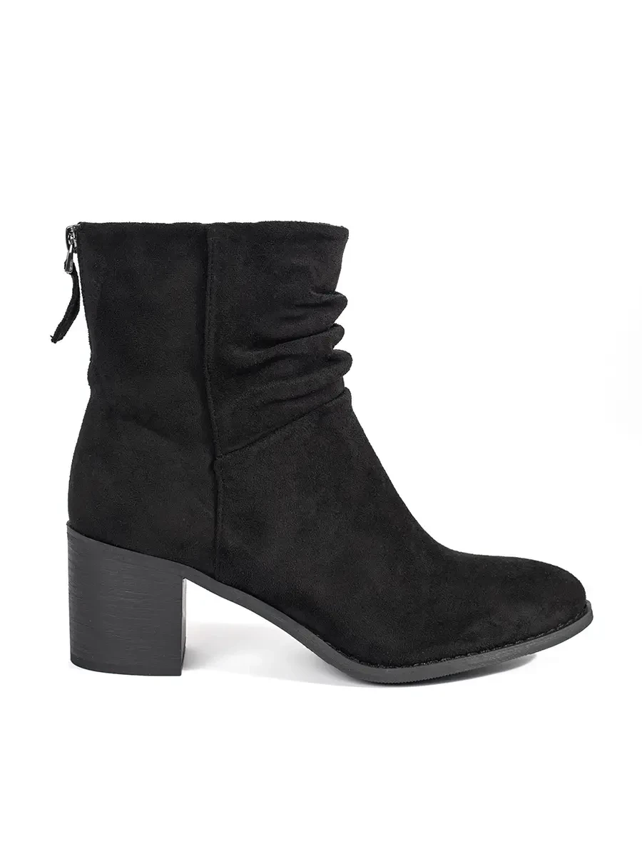 Shelvt Womens black suede boots with a ruffled upper