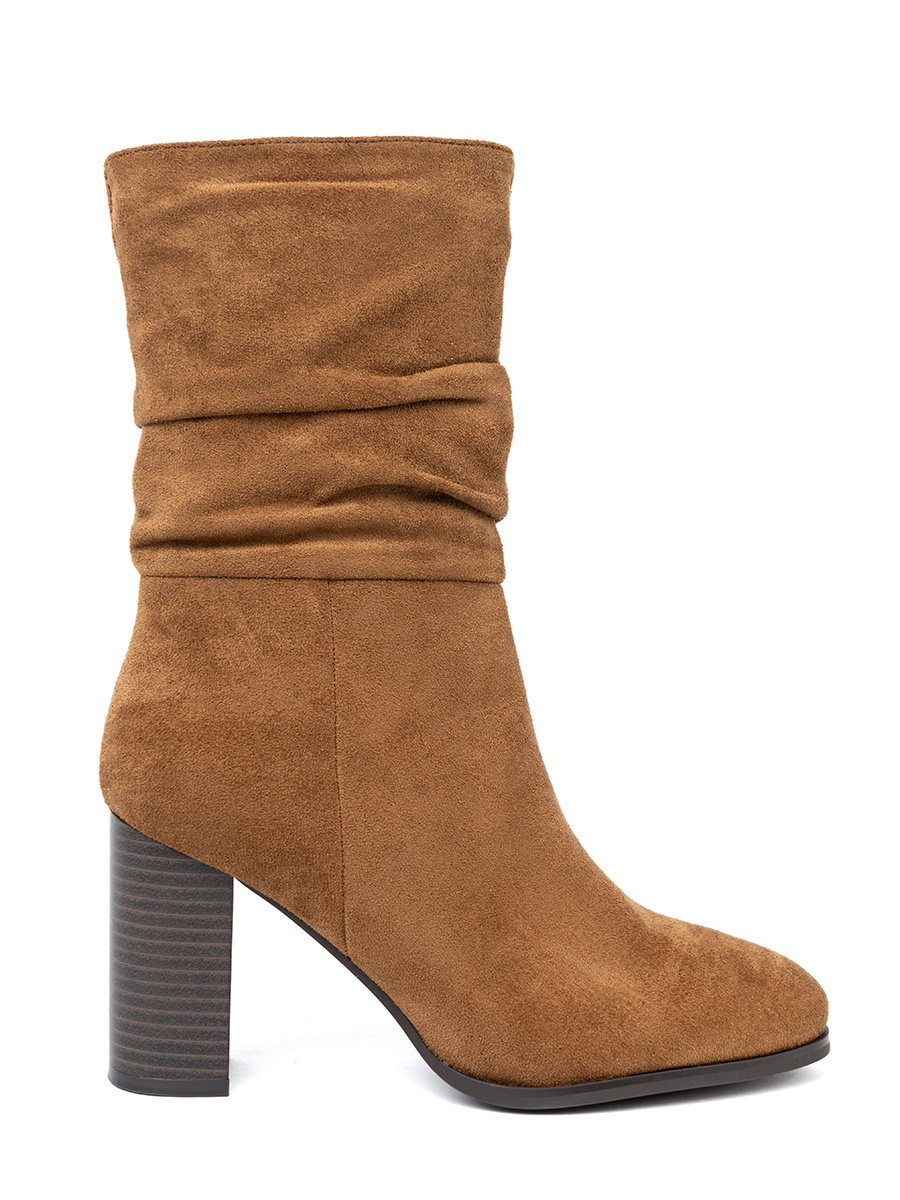 Shelvt Caramel ankle boots with ruffled upper and heel