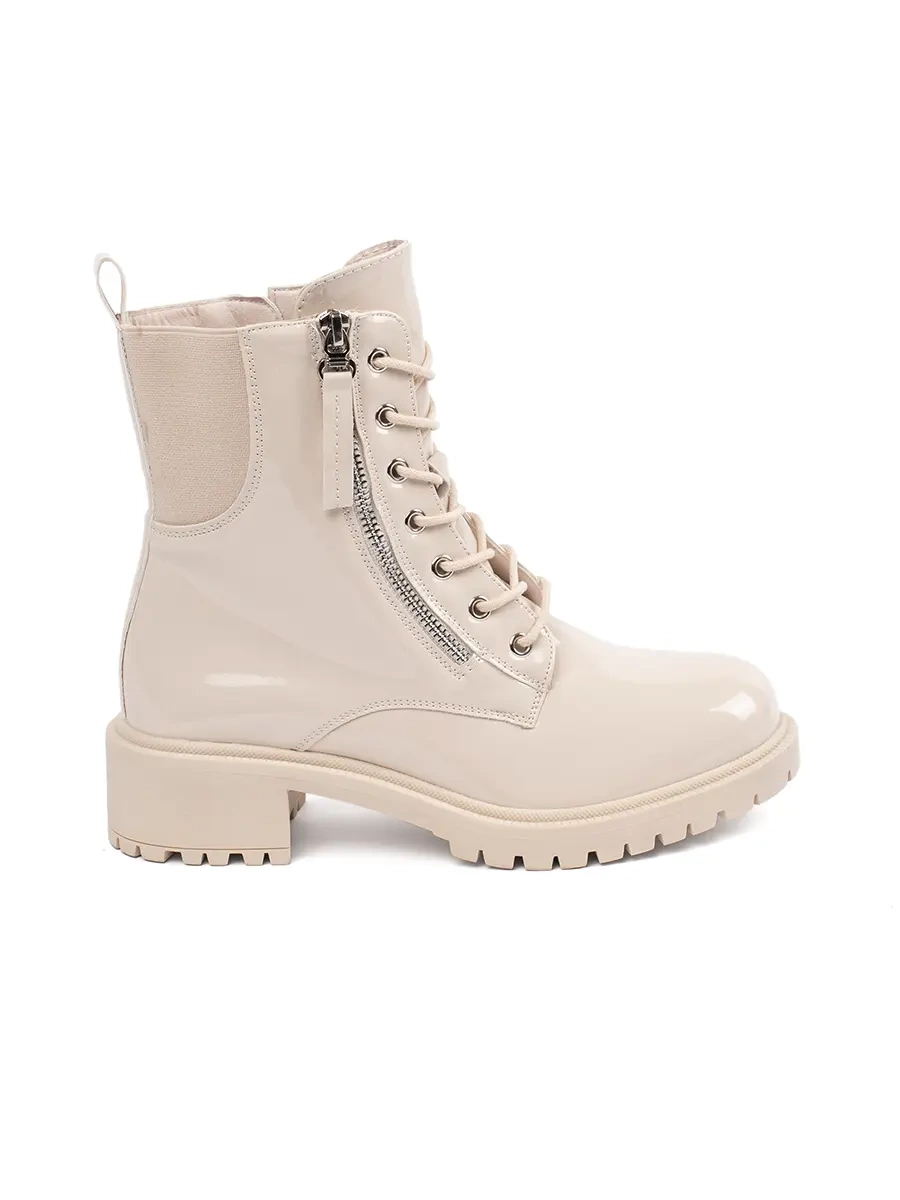 Shelvt Beige patent leather womens platform boots