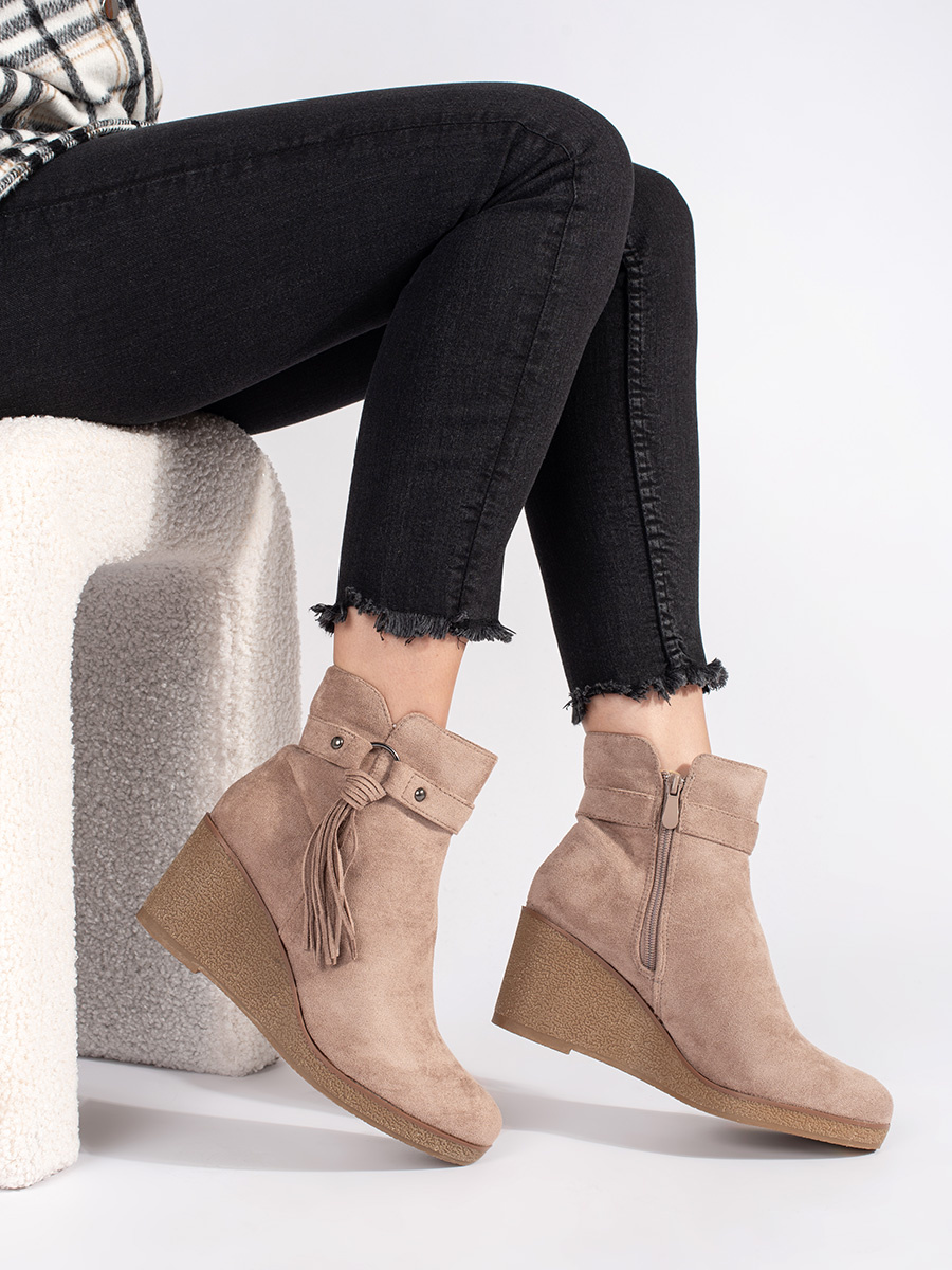 Shelvt Suede beige womens wedge boots with fringes
