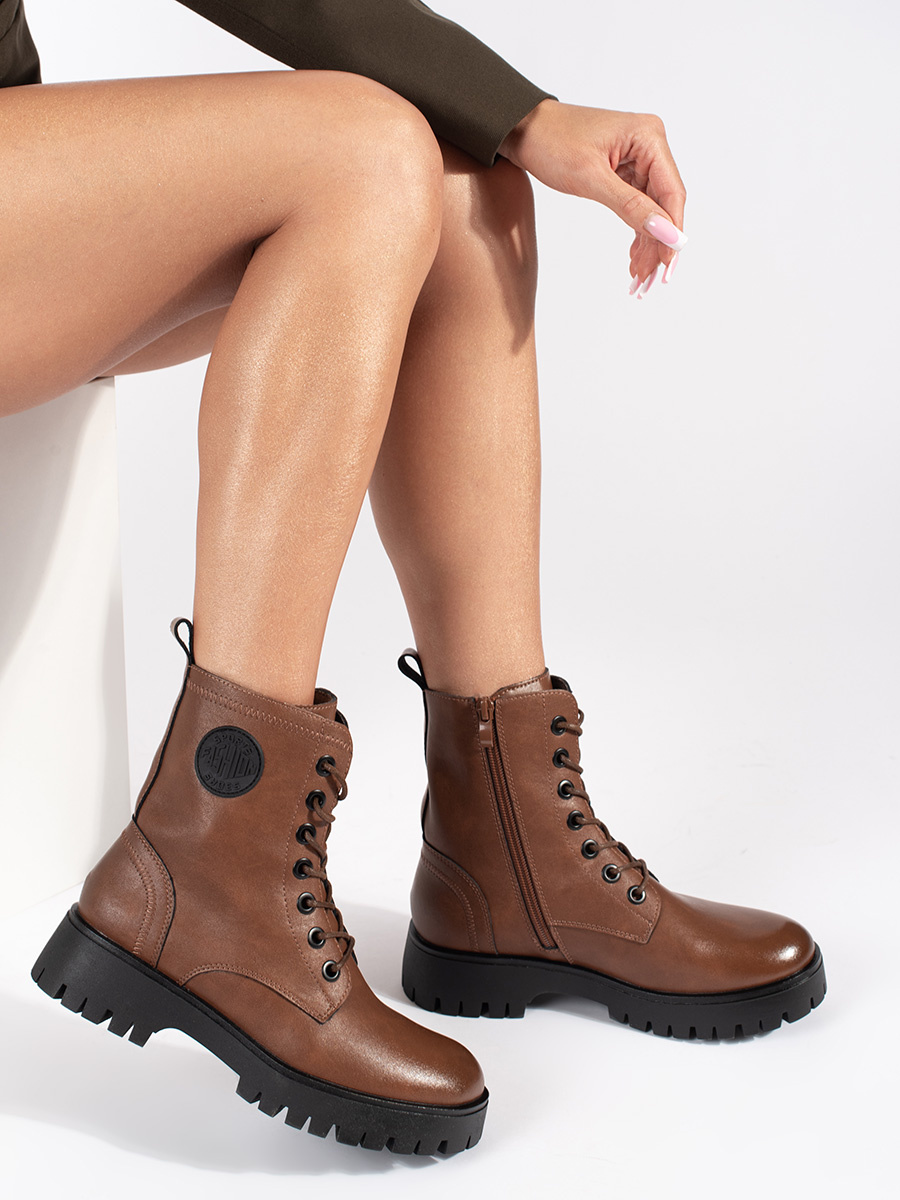 Brown lace-up leather platform ankle boots for women by Sergio Leone