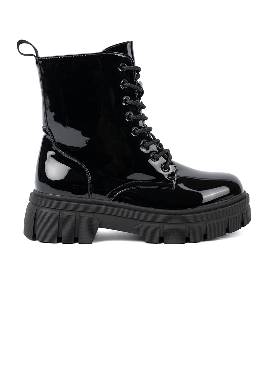 Shelvt Black patent workers on a massive sole