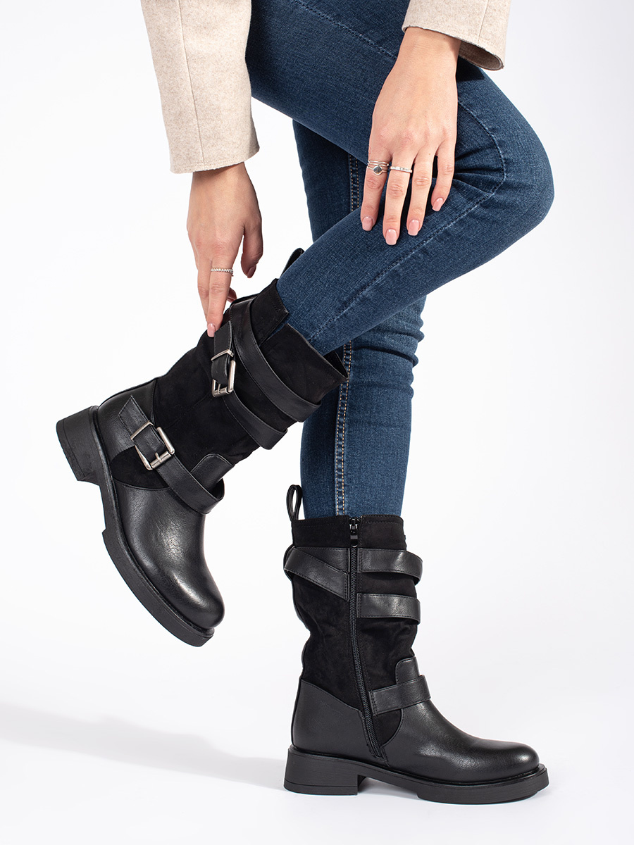 Shelvt Womens black low-heeled ankle boots with buckles
