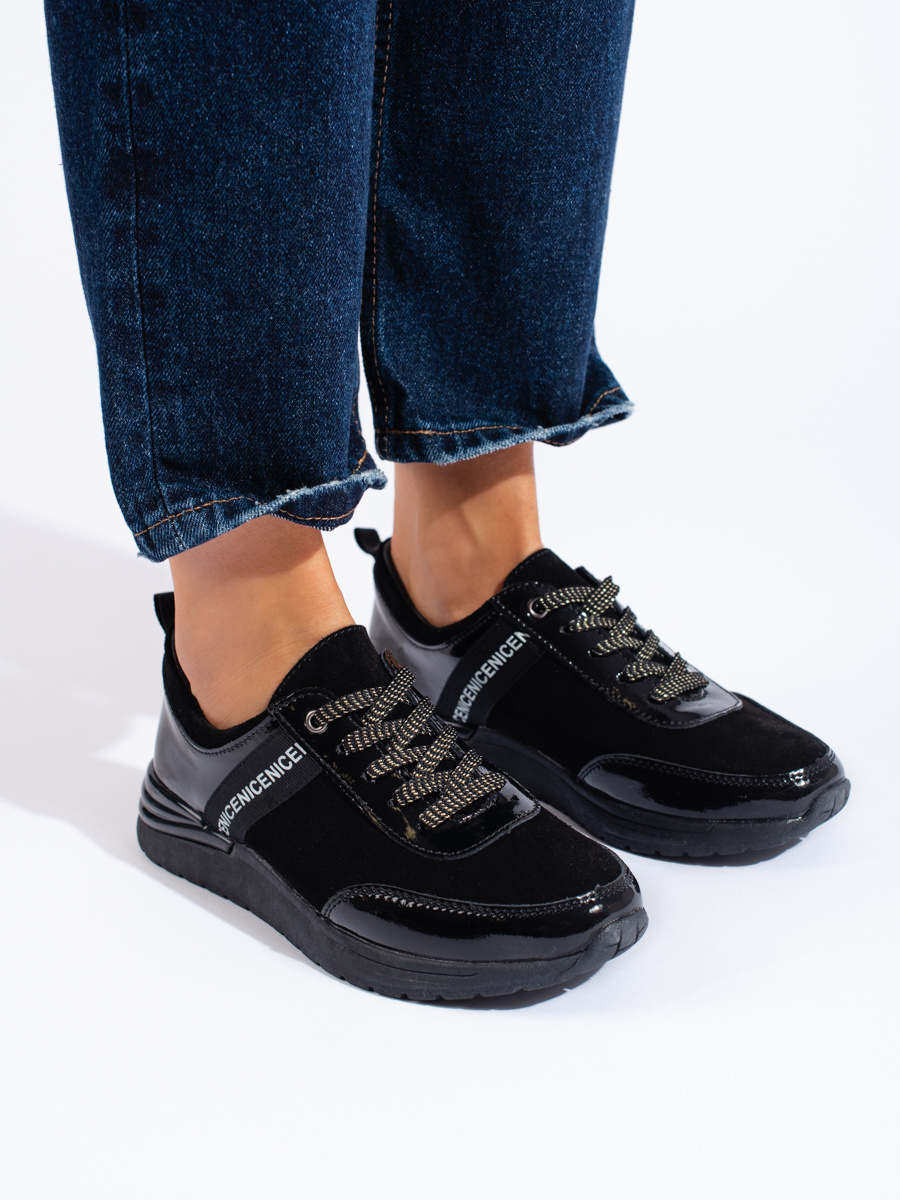 Shelvt sports shoes black in natural leather