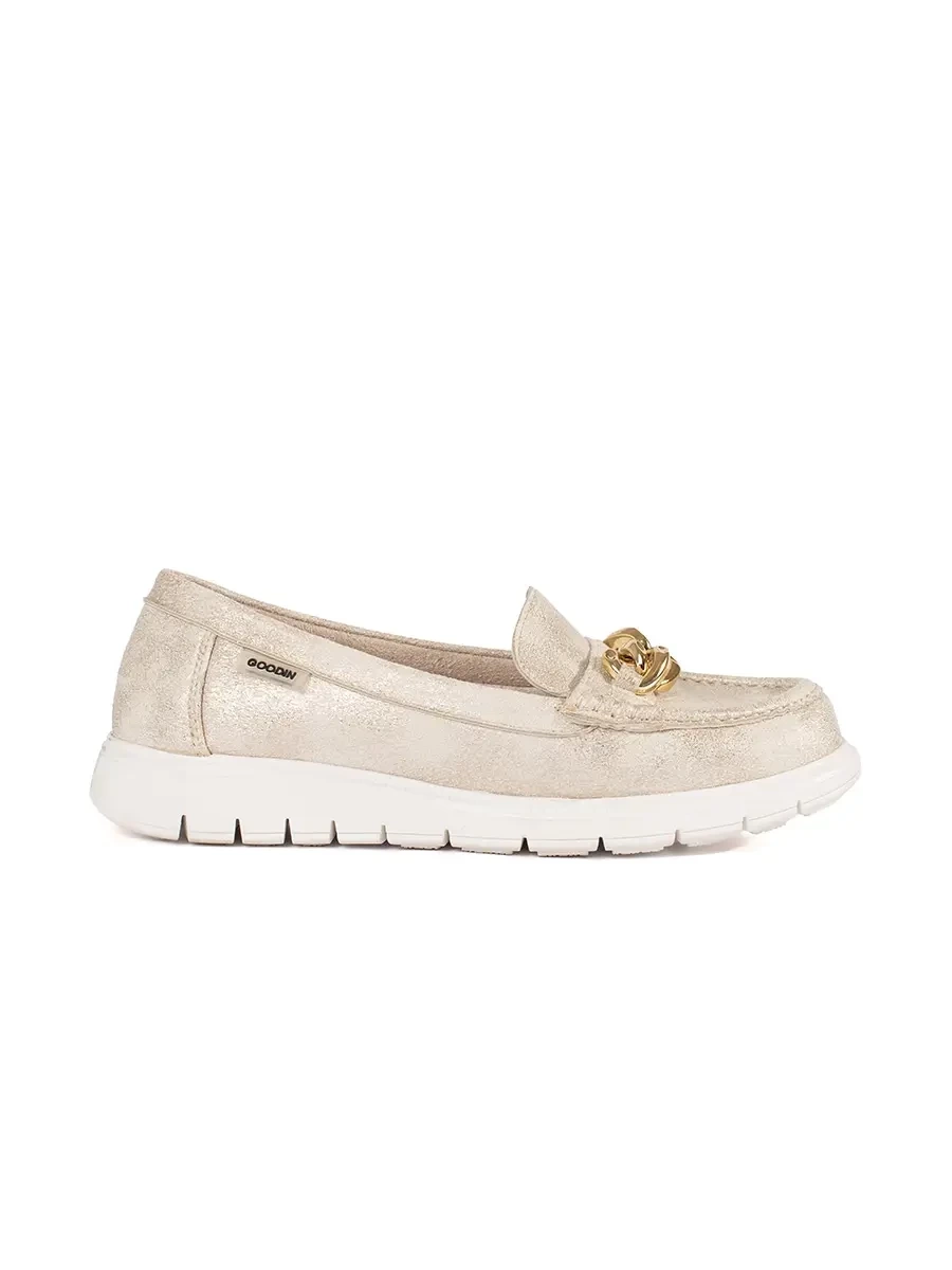 GOODIN Suede gold loafers with chain