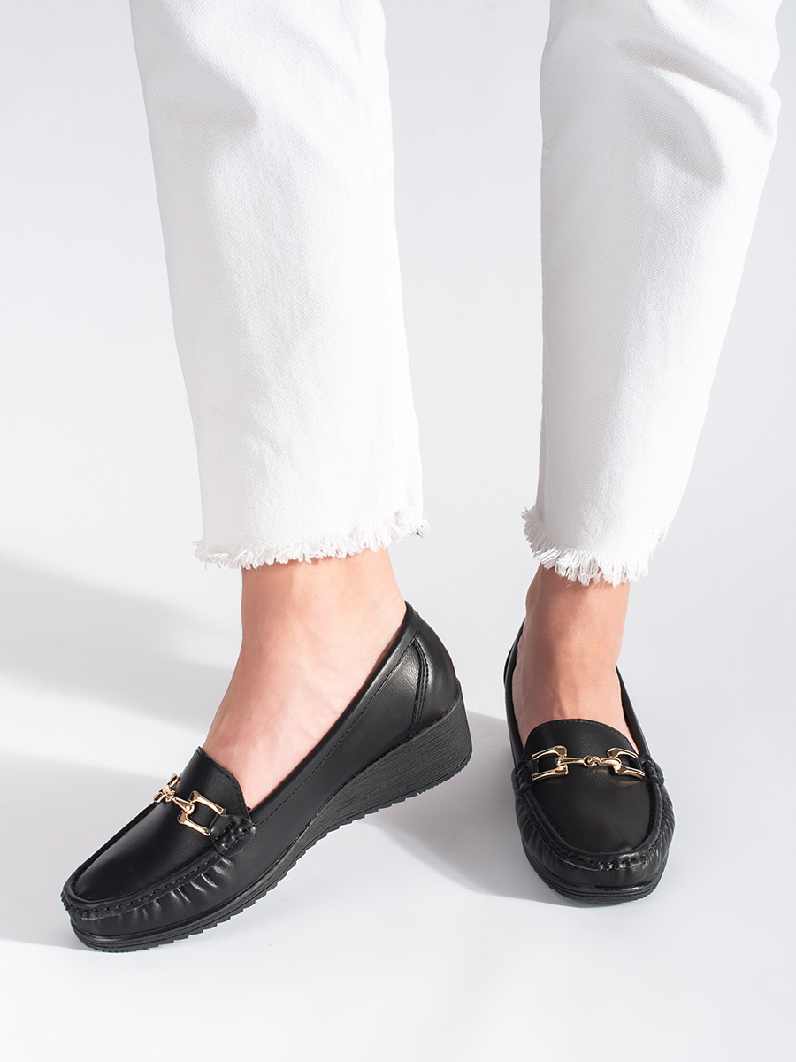 Shelvt Womens black loafers with buckle