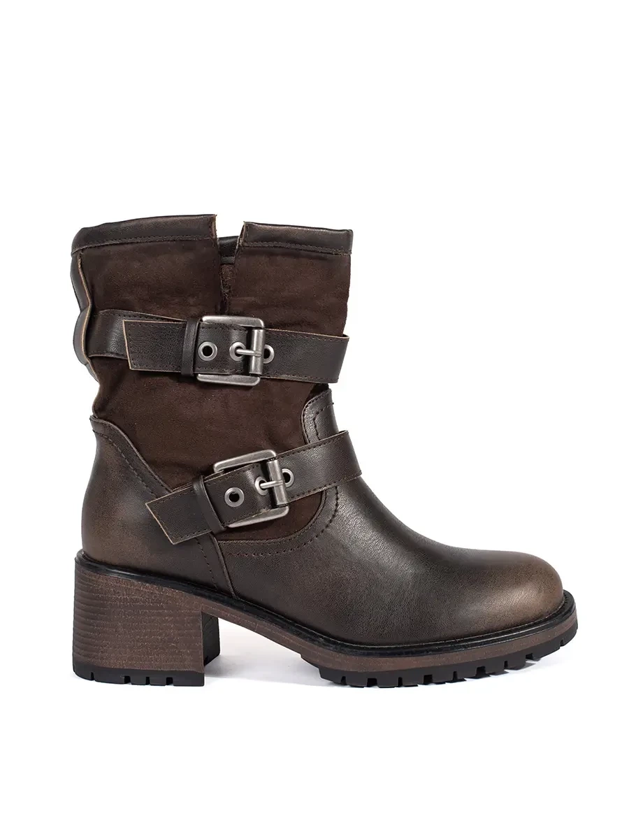 Shelvt Brown womens heeled ankle boots with buckles