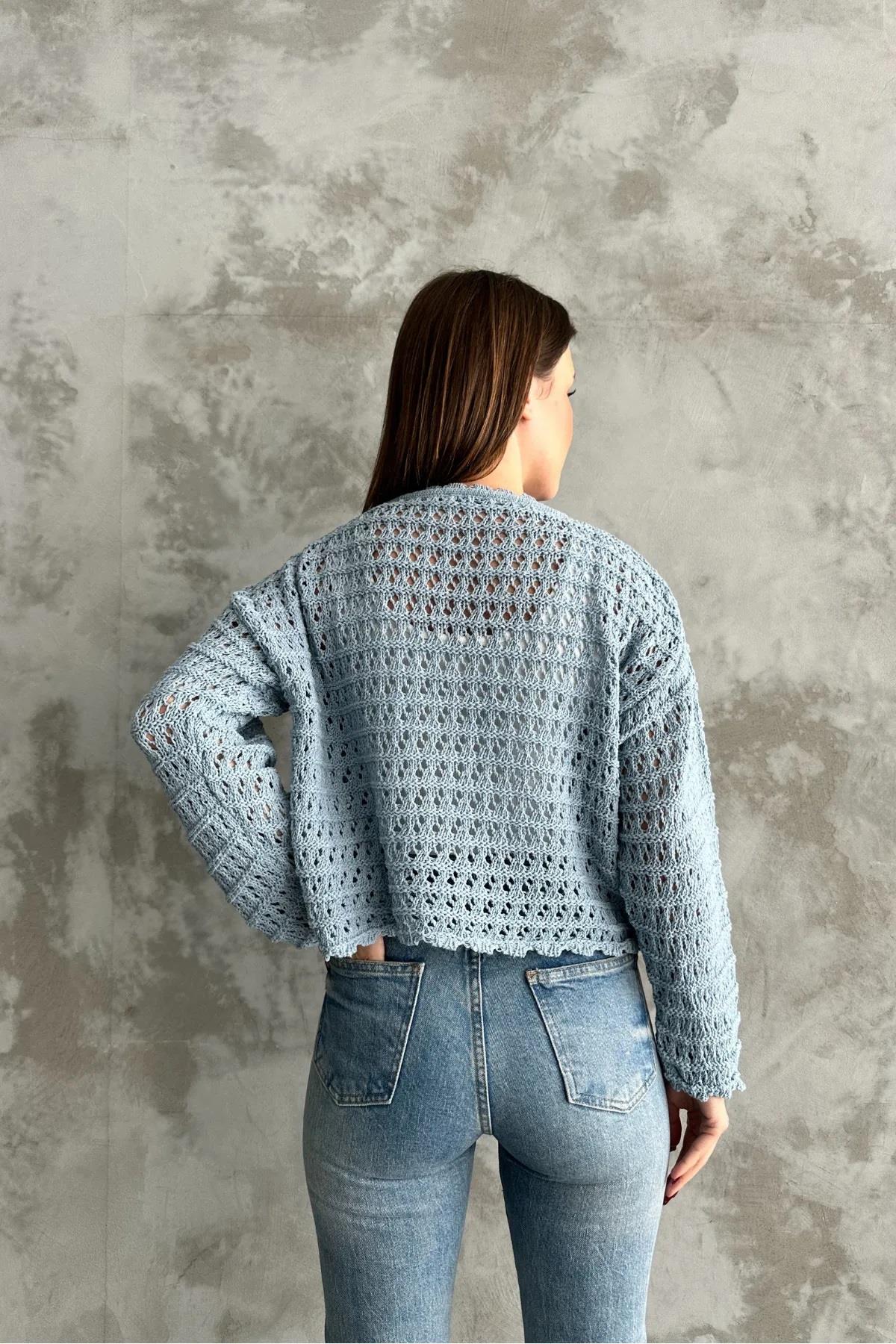 69491 Dewberry Patterned Openwork Knitwear Womens Sweater-BEBE BLUE