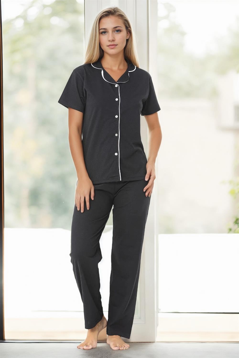 U4716 Dewberry Womens Short Sleeve Pyjama Set-BLACK