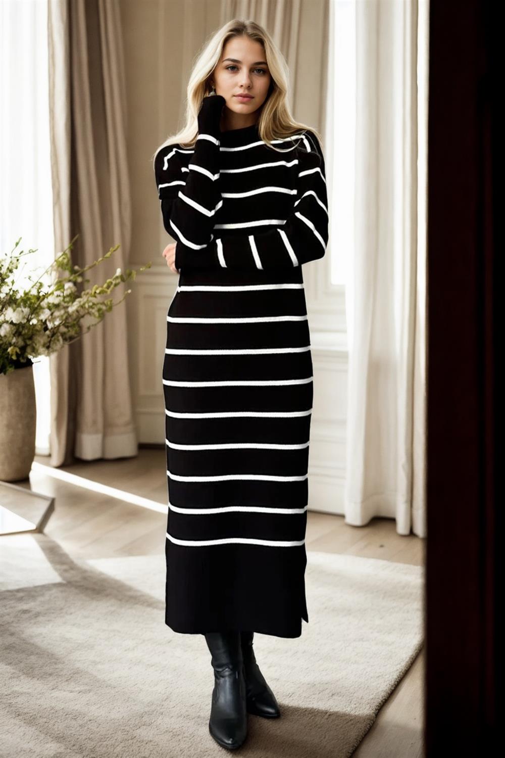 Levně Z3059 Dewberry Womens Striped Long Sleeve Knitwear Dress-BLACK