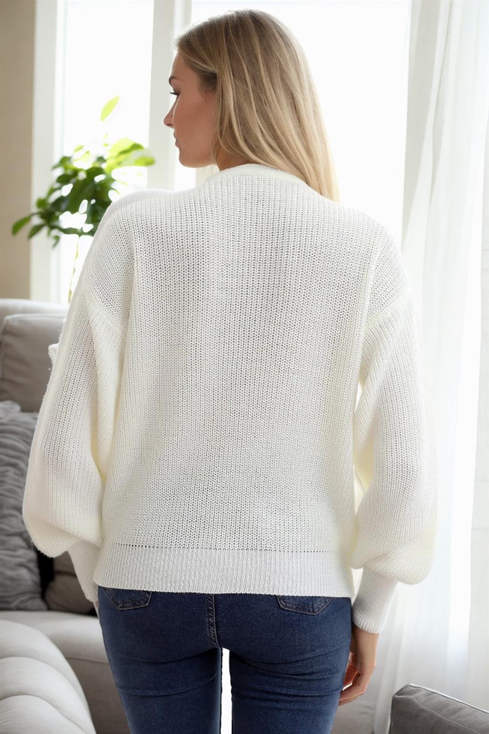 23325 Dewberry 3 Button V-Neck Women Cardigan-WHITE