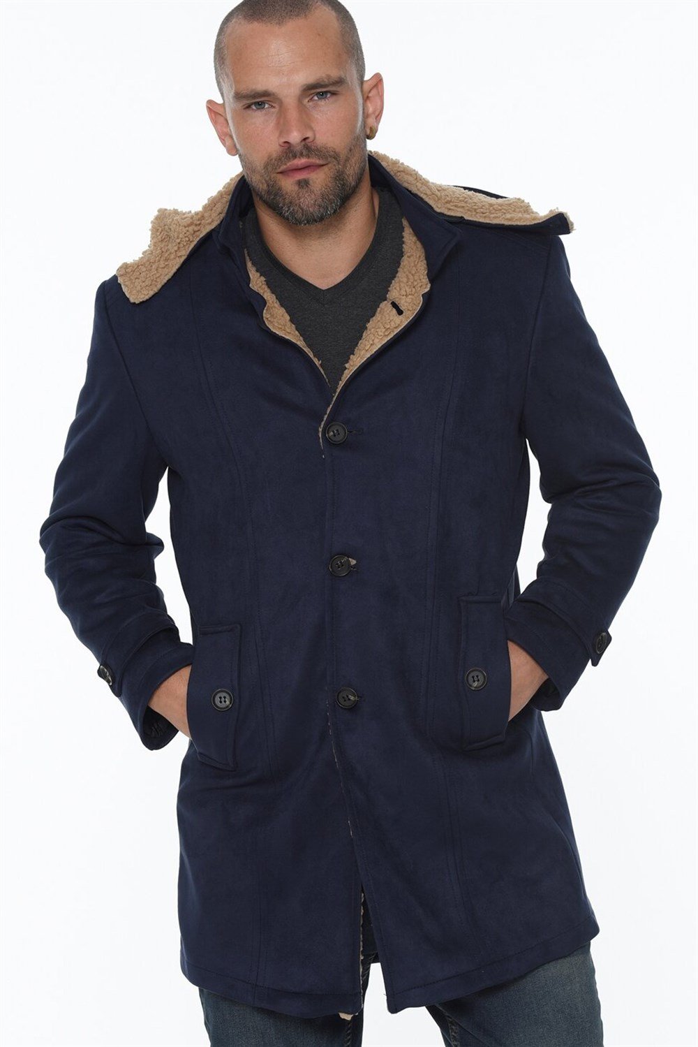 PLT8399 DEWBERRY SUEDE LOOK MEN&#039;S COAT-NAVY BLUE