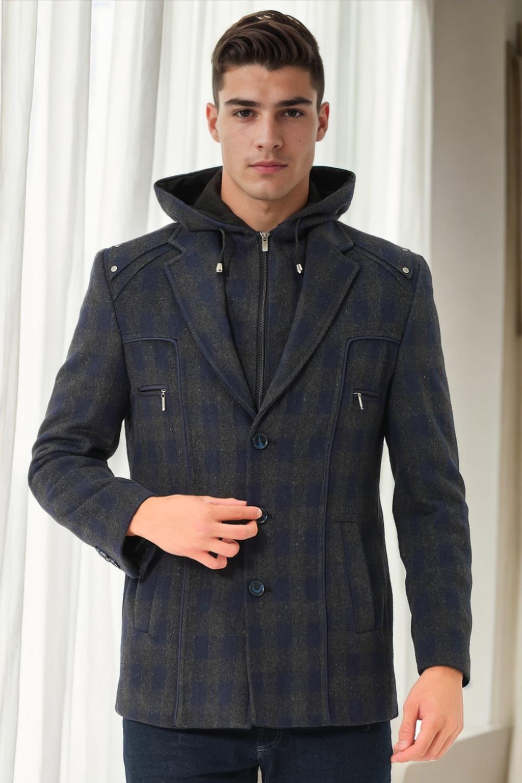 K7532 DEWBERRY MEN&#039;S COAT-PLAID NAVY BLUE-1