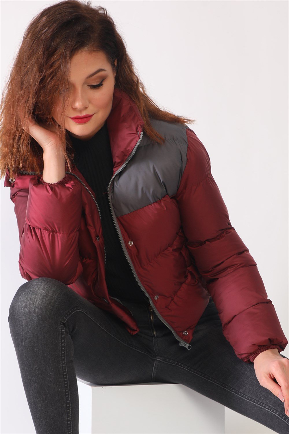 Z6649 DEWBERRY WOMEN'S COAT-BURGUNDY-ANTHRACITE