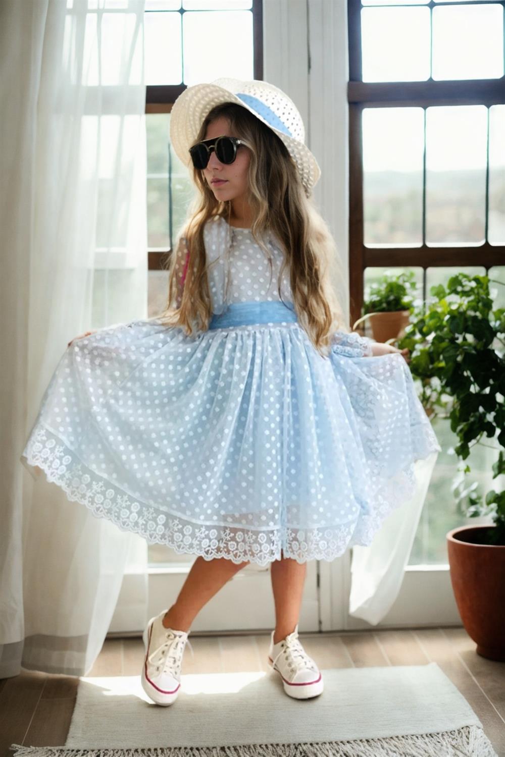 N8712 Dewberry Princess Model Girls Dress With Hat & Lace-BLUE