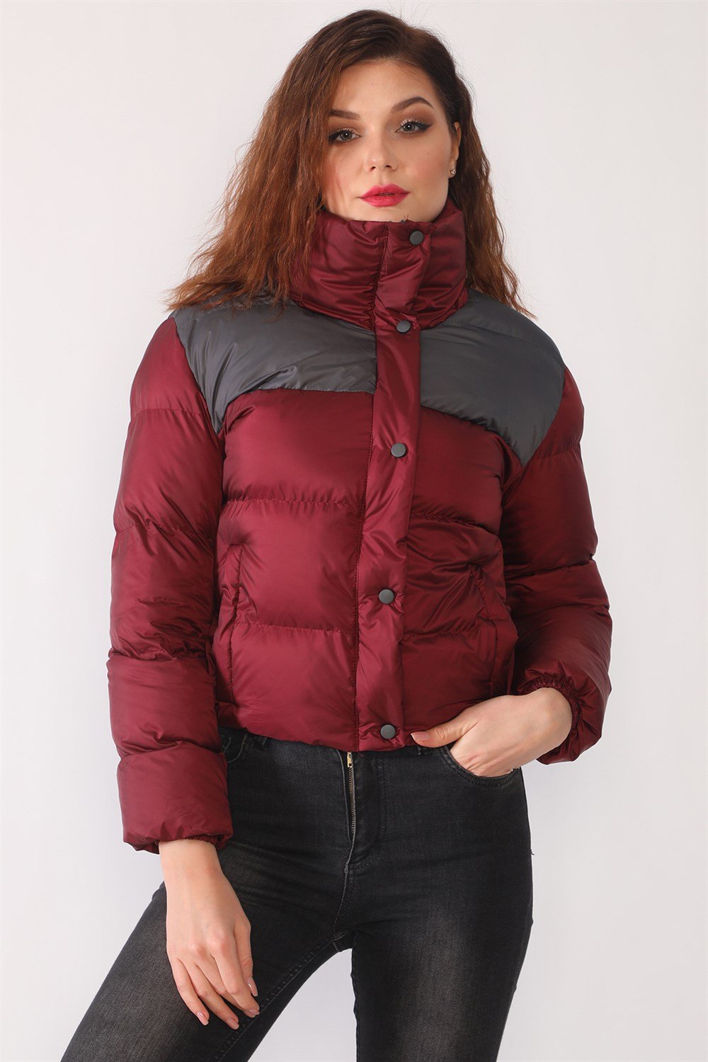 Z6649 DEWBERRY WOMEN'S COAT-BURGUNDY-ANTHRACITE