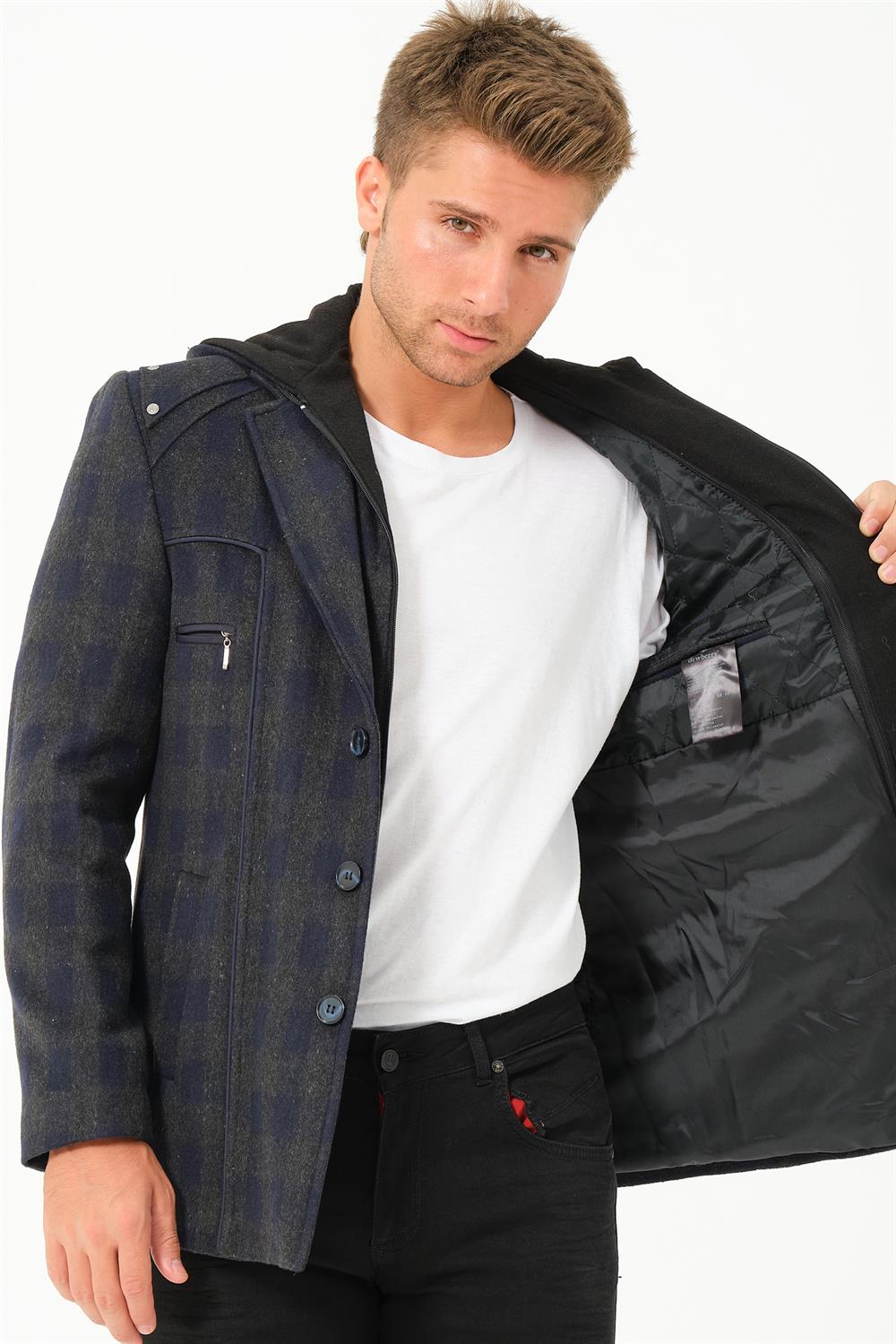 K7532 DEWBERRY MENS COAT-PLAID-NAVY BLUE