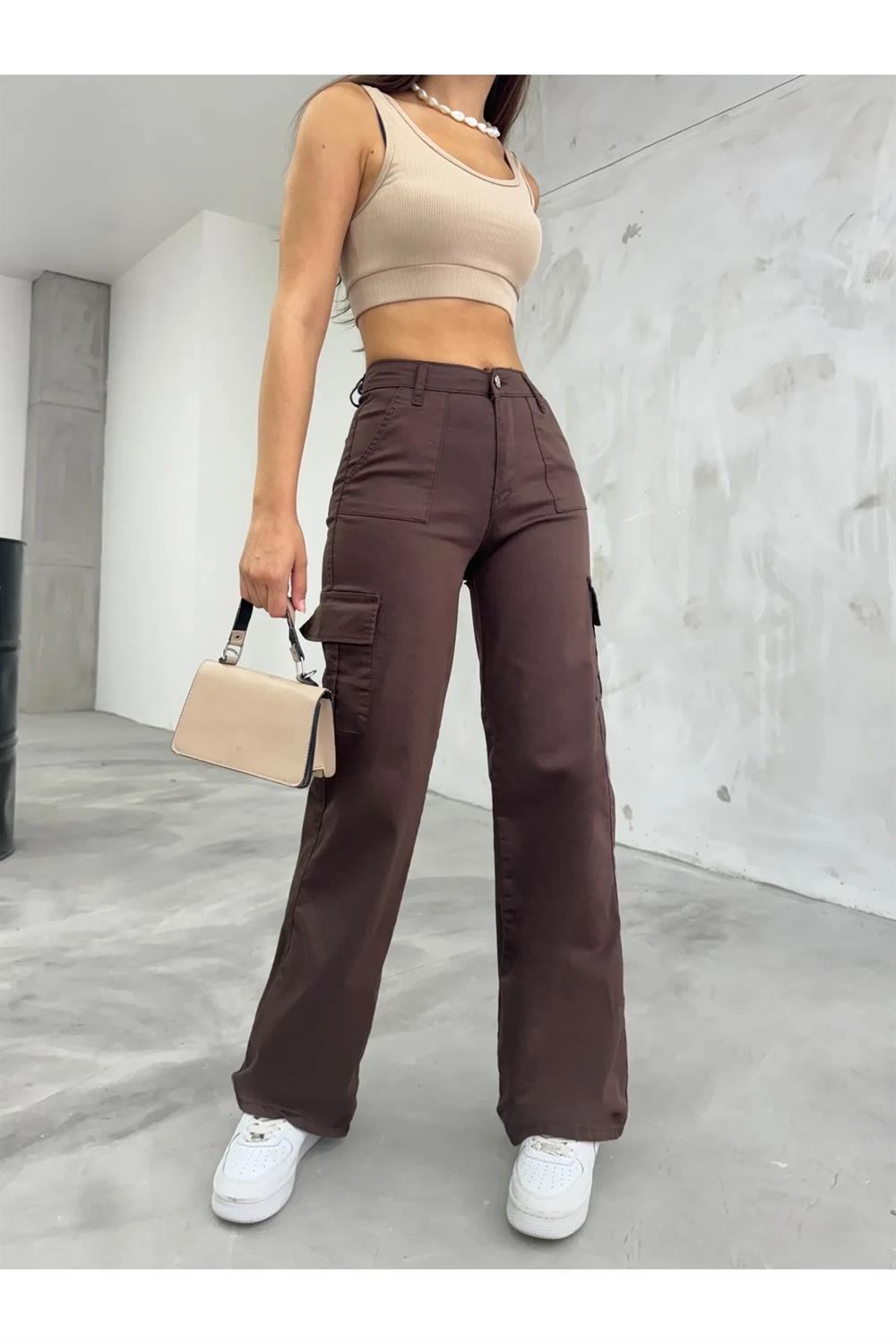 12128 Dewberry High Waist Wide Leg Cargo Pocket Trousers-KAHVE