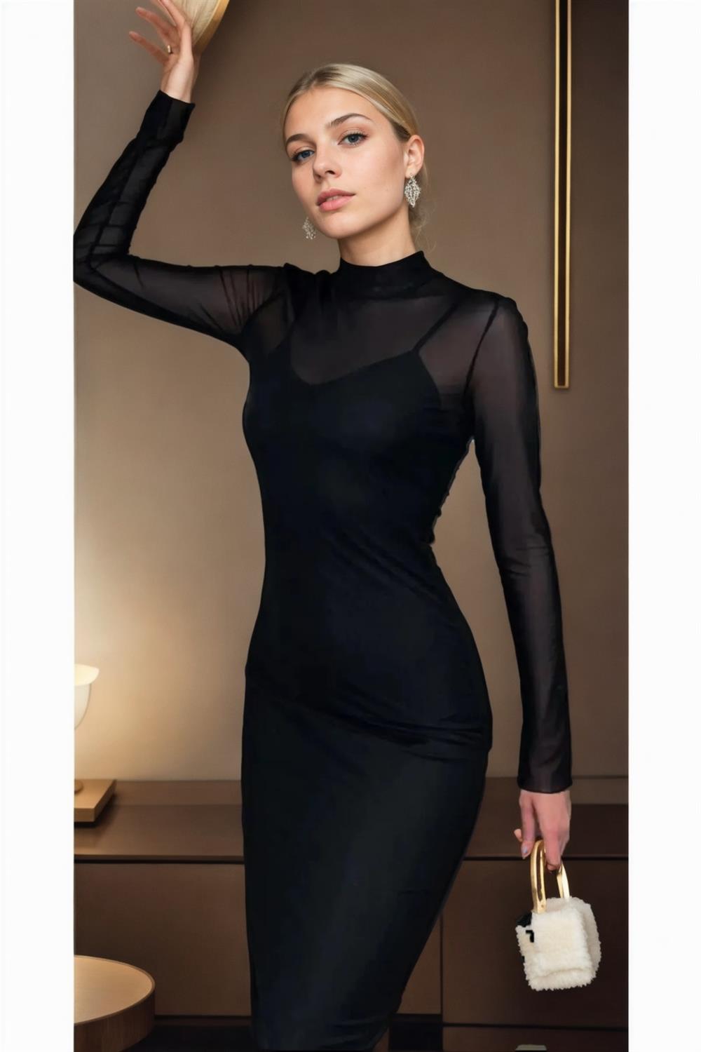 Z2277 Dewberry Womens Black Lined Half Turtleneck Dress-BLACK