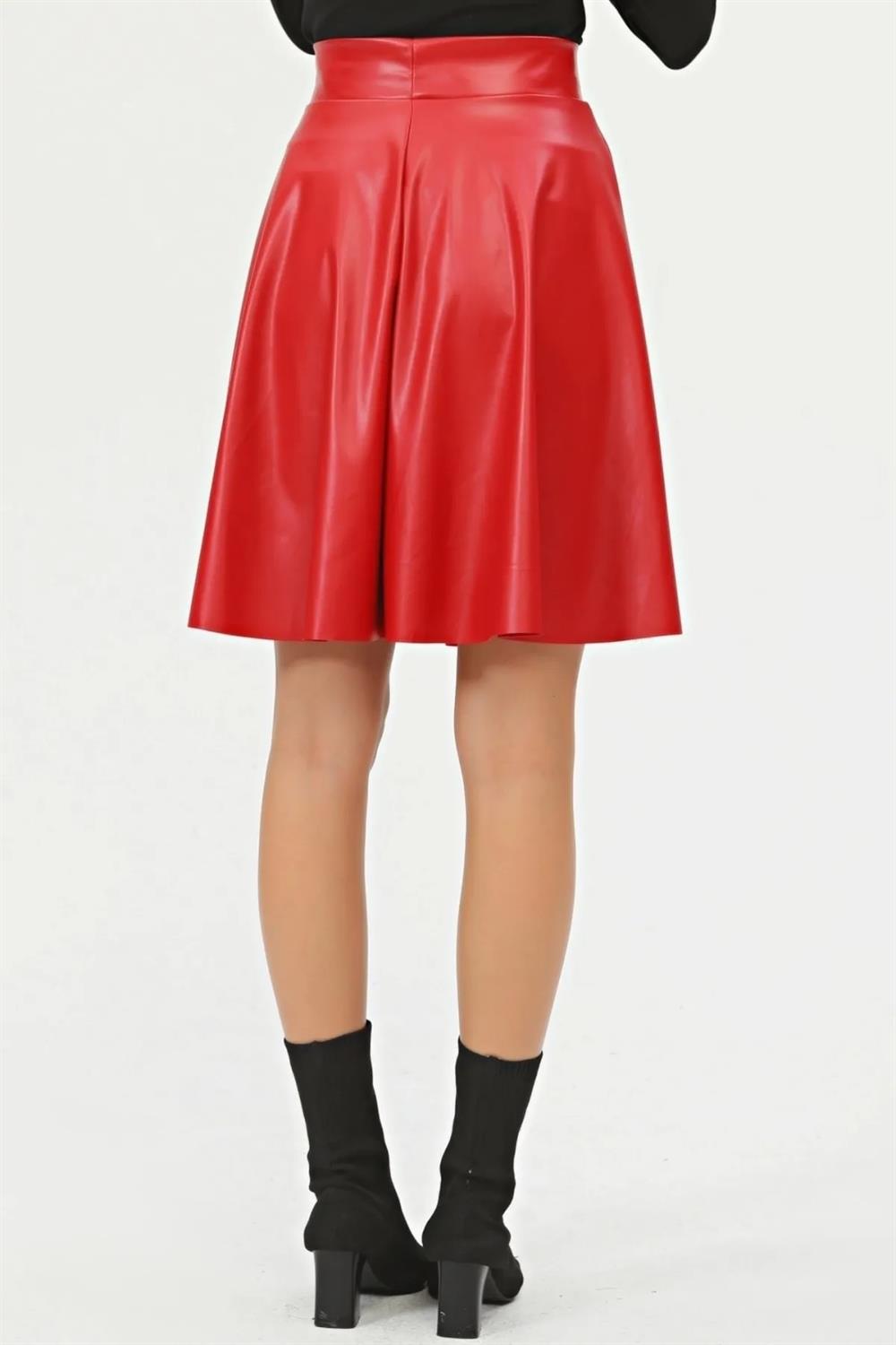 88854 Dewberry Flared Faux Leather Skirt-RED