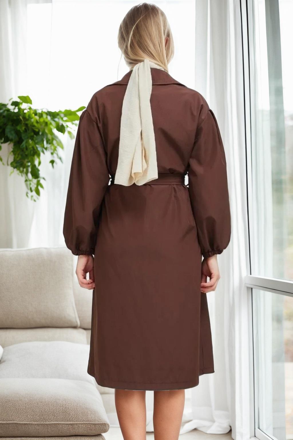 40345 Dewberry Belted Balloon Sleeve Women Trenchcoat-COFFEE