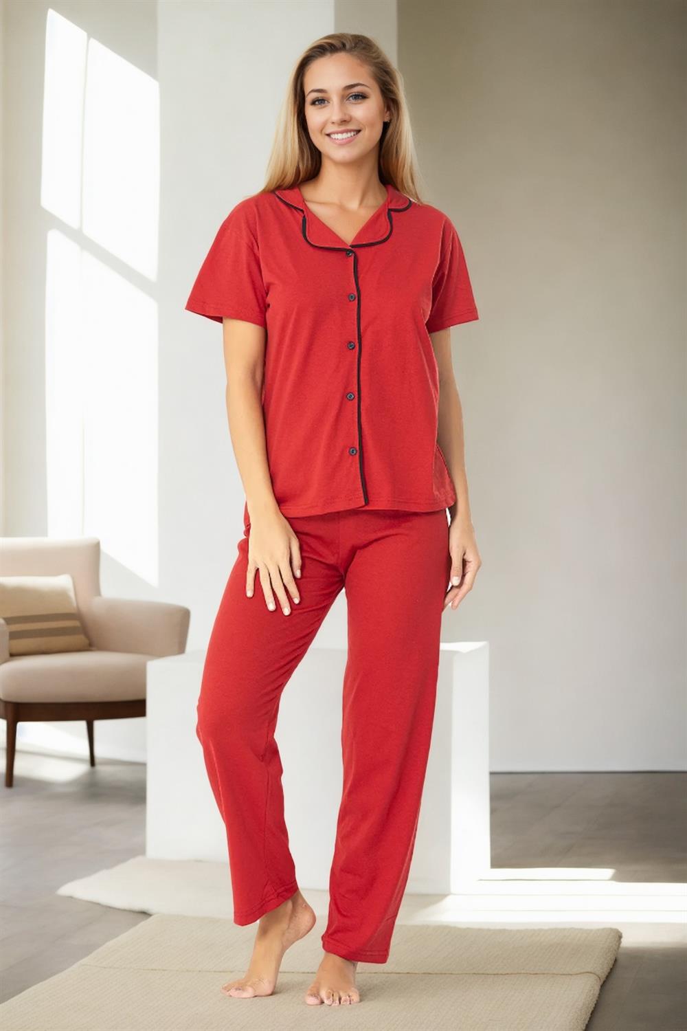 U4716 Dewberry Womens Short Sleeve Pyjama Set-RED