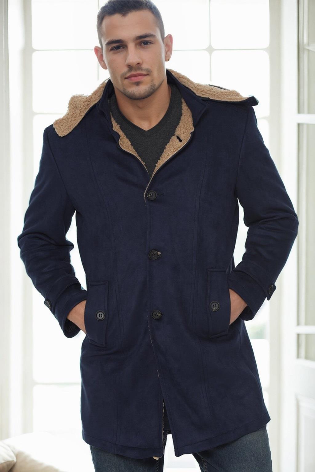 PLT8399 DEWBERRY SUEDE LOOK MEN&#039;S COAT-NAVY BLUE-2