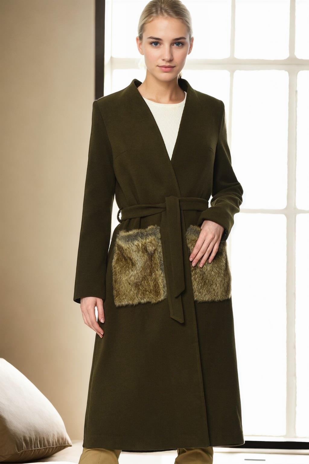 Z6363 DEWBERRY WOMENS COAT-KHAKI-1
