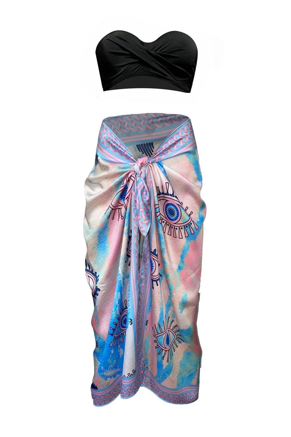 71058 Dewberry Patterned Shiny Fabric Women Pareo-BLUE-PINK