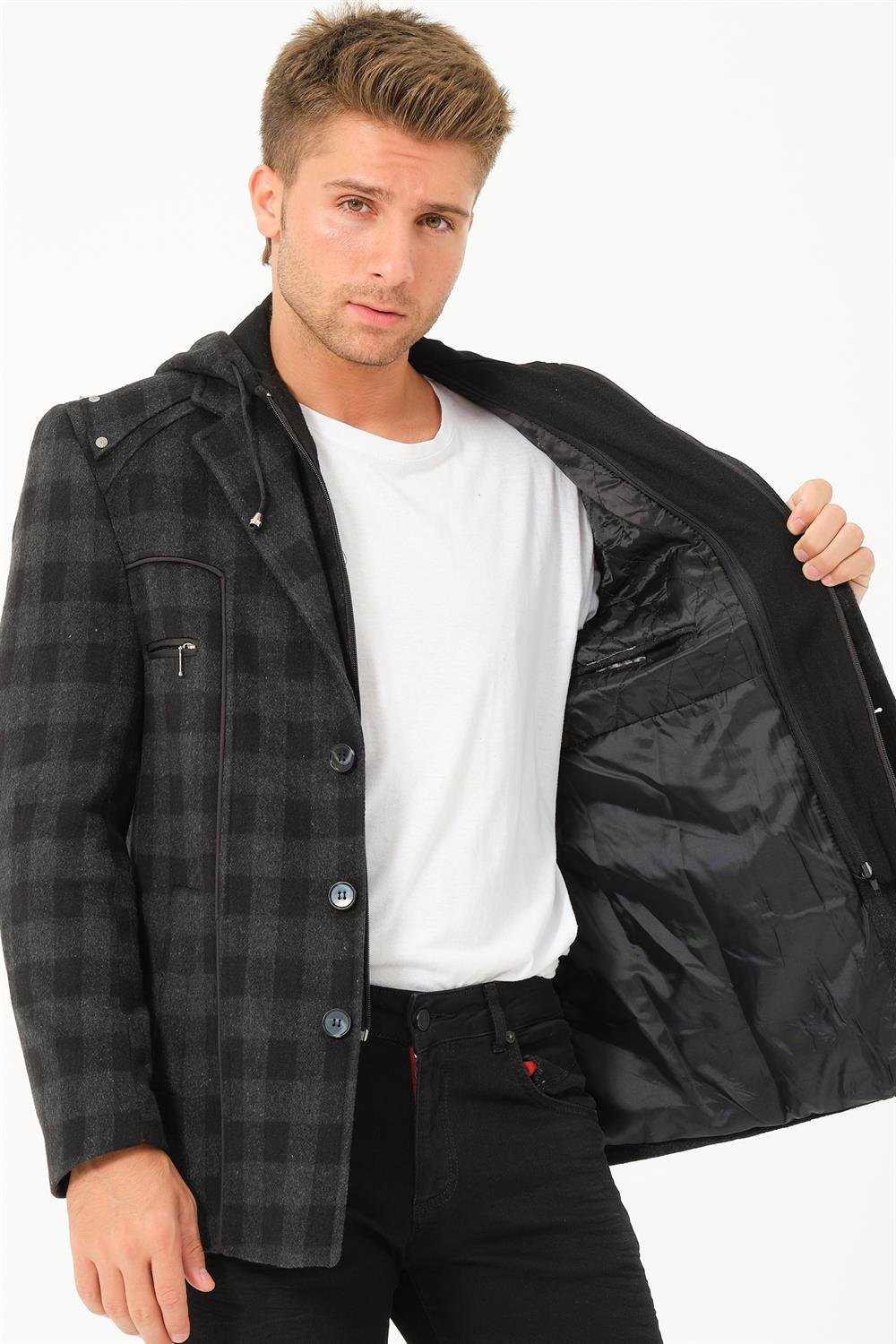 K7532 DEWBERRY MEN&#039;S COAT-PLAID-BLACK