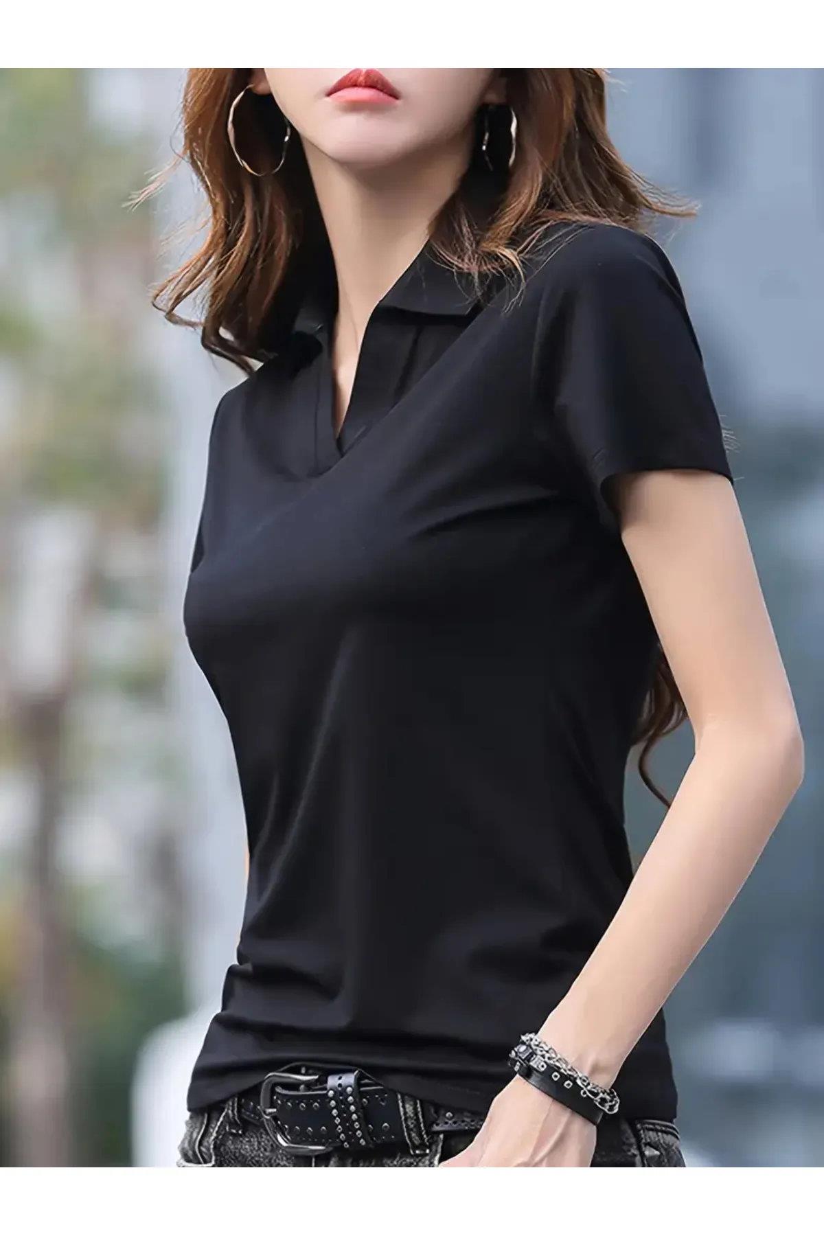 73369 Dewberry Womens Collar Detailed Lycra Flexible T-Shirt-BLACK