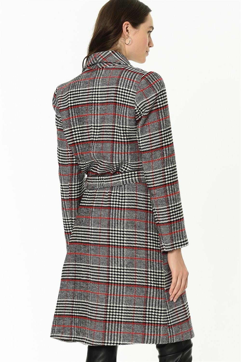 Z6638 DEWBERRY PLAID WOMEN'S COAT-BURGUNDY-BLACK