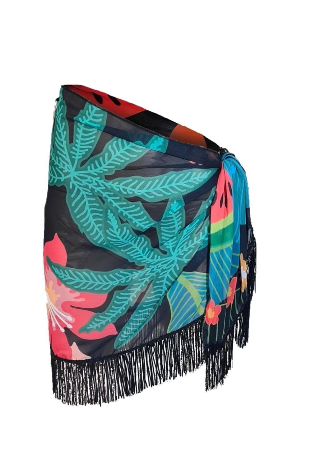 43272 Dewberry 43272 Dewberry Patterned Pareo with Tassels-BLACK-ORANGE