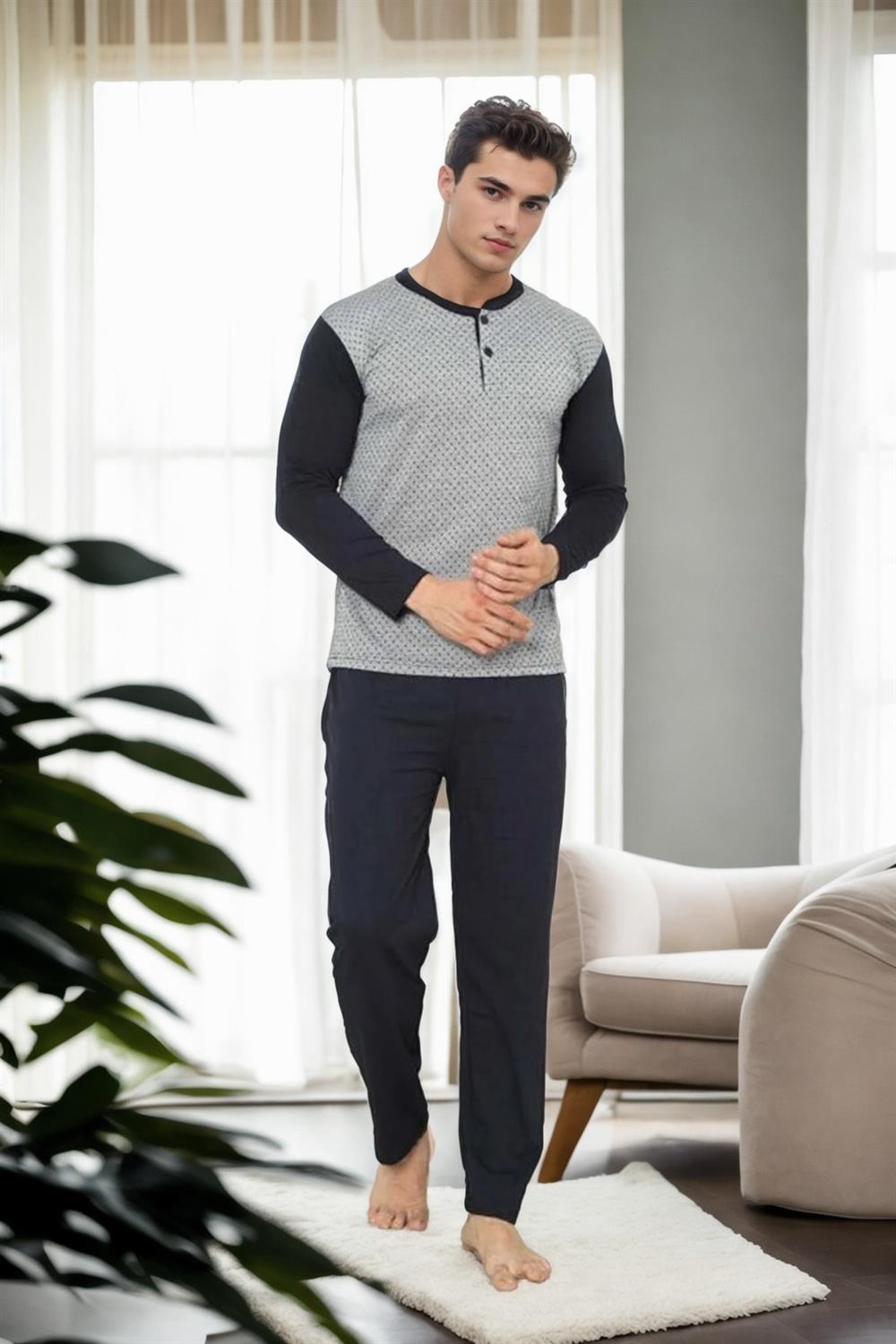 J2580 Dewberry Mens Jacquard Pyjama Set-GREY