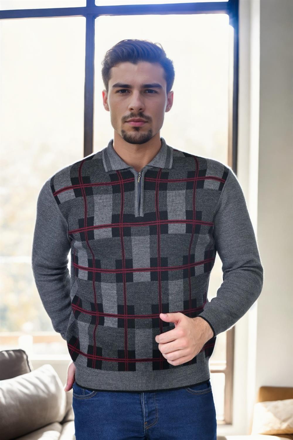 29496 Dewberry nZippered Polo Neck Mens Sweater-GREY