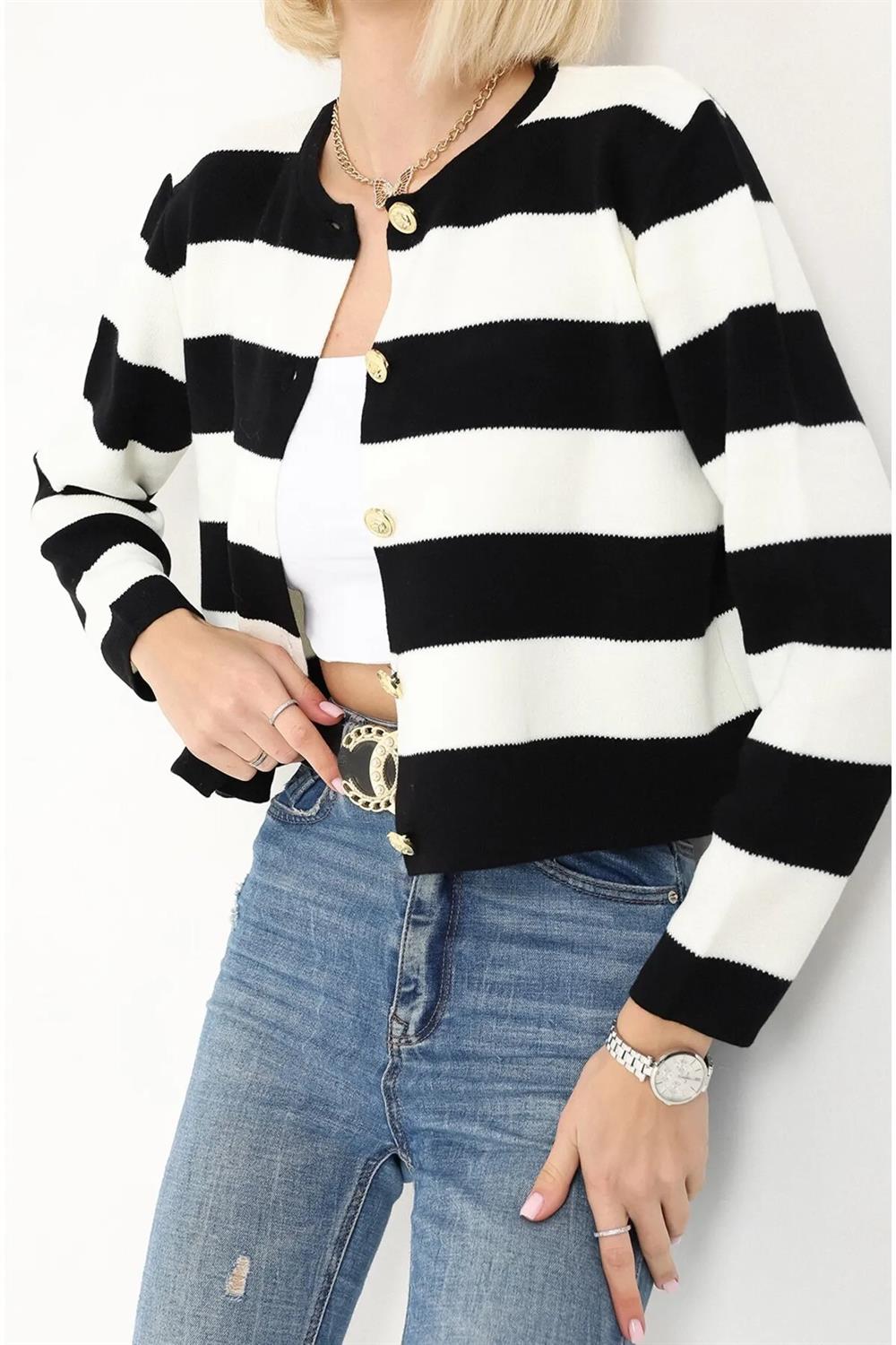 74390 Dewberry Crew Neck Striped Crop Cardigan-BLACK